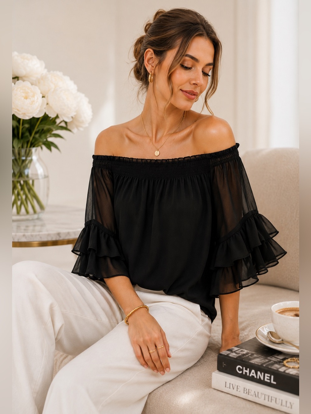 CeCe Ruched Neck Off-the-Shoulder Blouse Flutter Sleeve Black